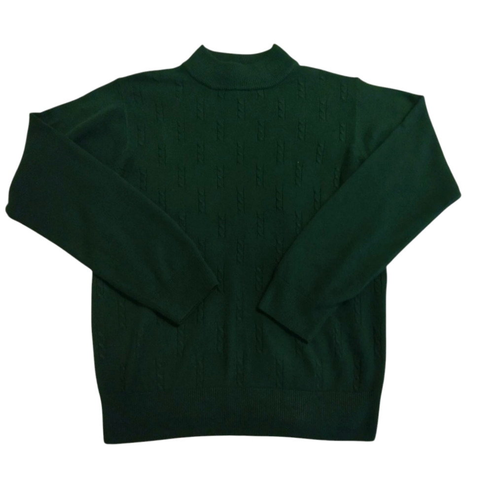 💚 EUC Green Sweater Cable Knit Pattern Mock Turtle Neck Medium Soft Vintage
